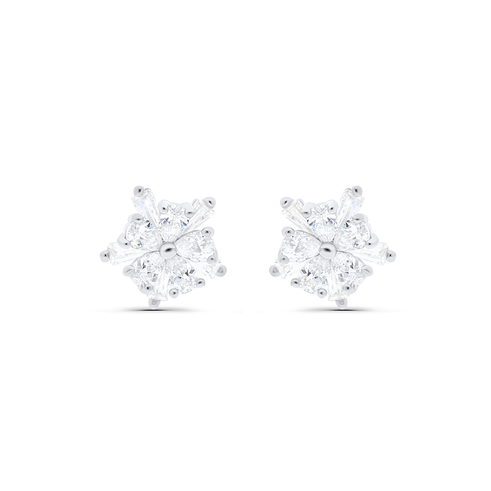 Sterling Silver 925 Earring Rhodium Plated Embedded With White CZ