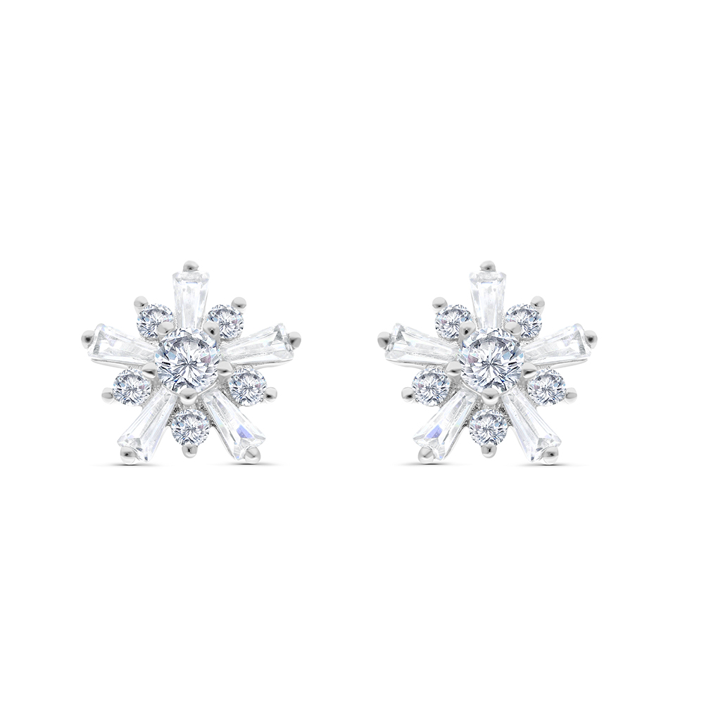 Sterling Silver 925 Earring Rhodium Plated Embedded With White CZ