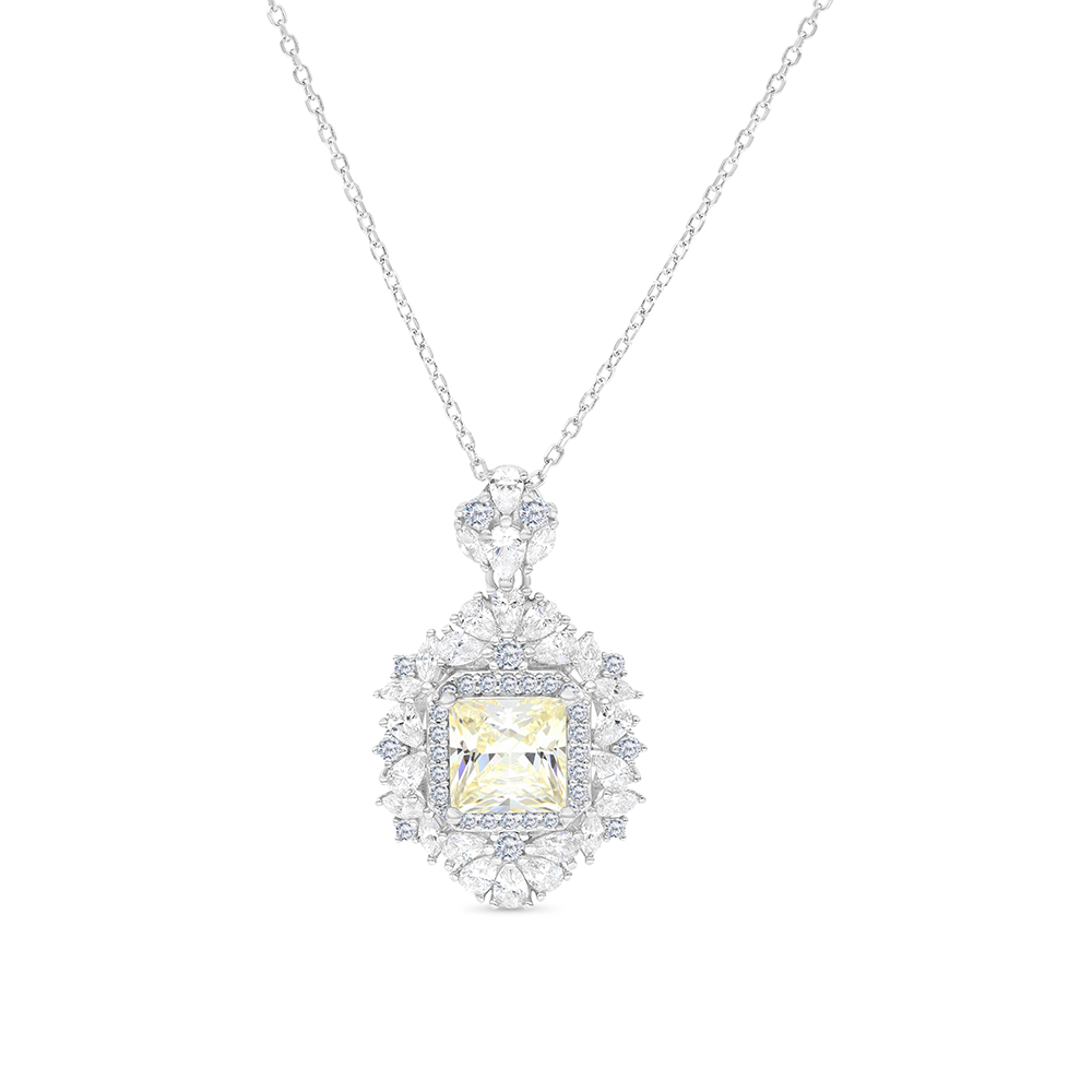 Sterling Silver 925 Necklace Rhodium Plated Embedded With Yellow Zircon And White CZ