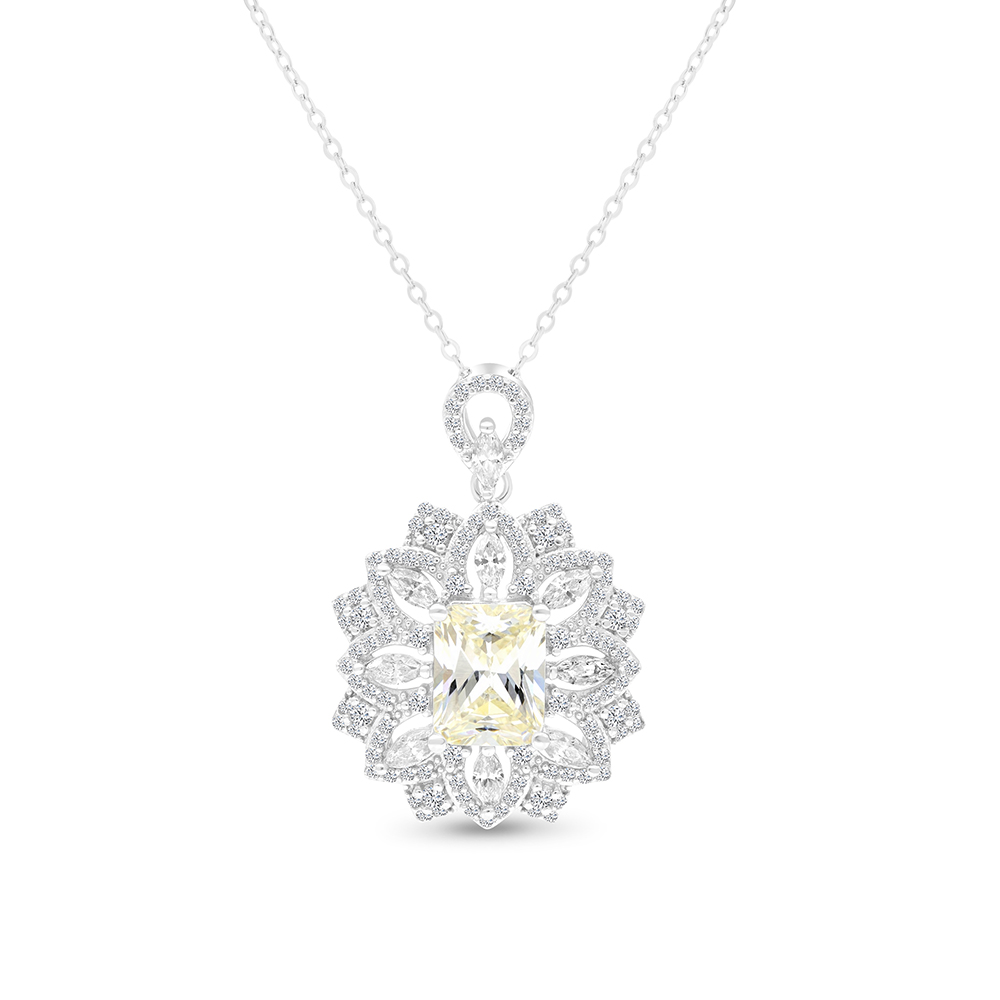 Sterling Silver 925 Necklace Rhodium Plated Embedded With Yellow Zircon And White CZ