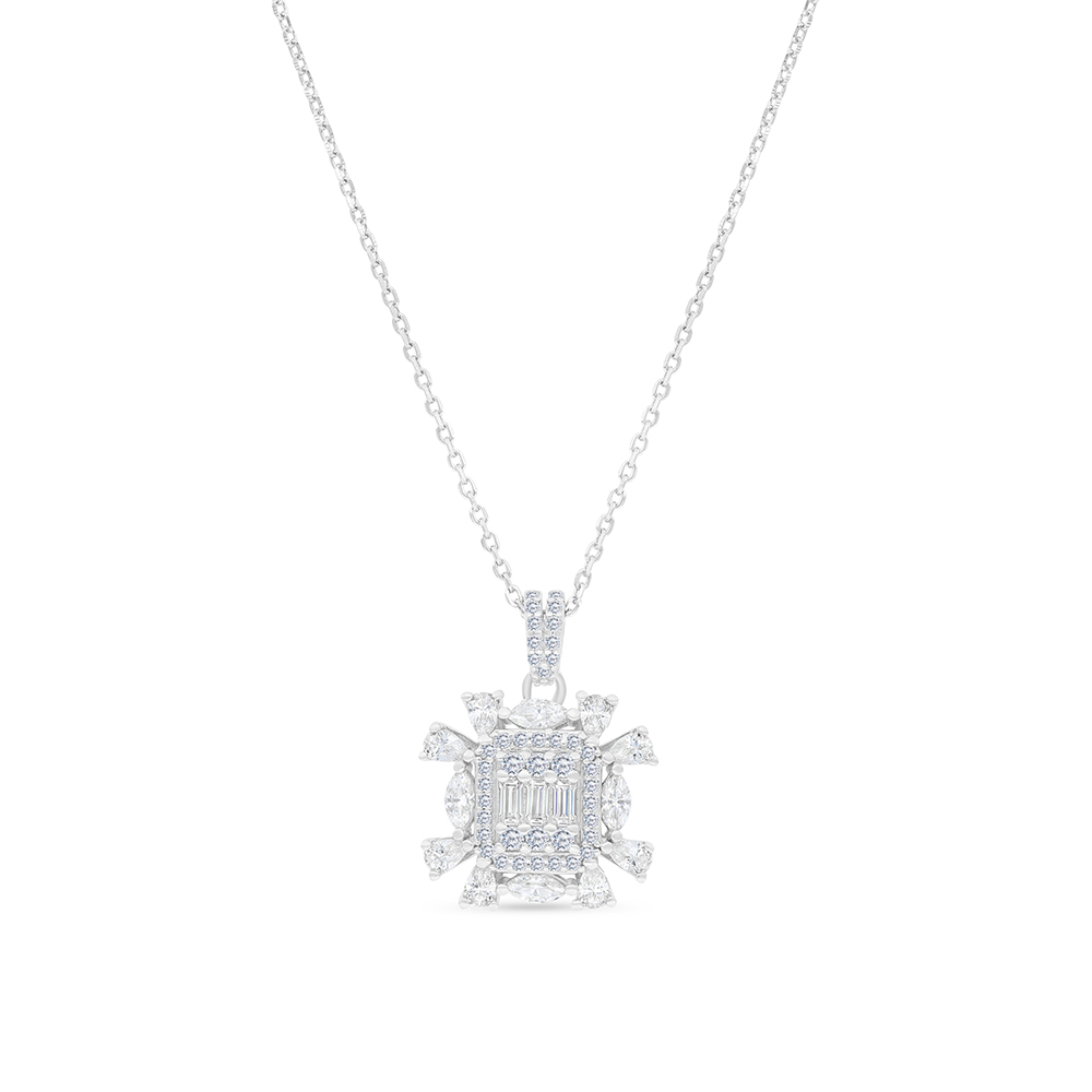 Sterling Silver 925 Necklace Rhodium Plated Embedded With White CZ