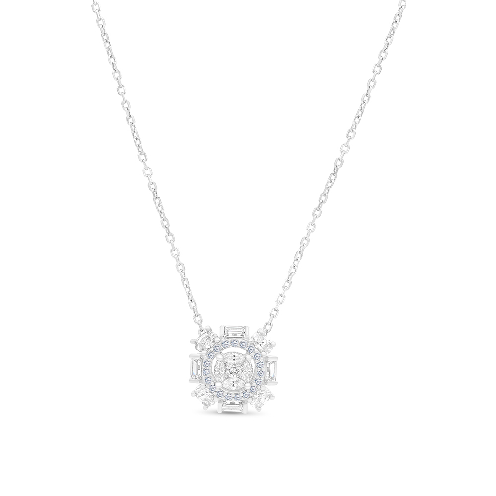 Sterling Silver 925 Necklace Rhodium Plated Embedded With White CZ