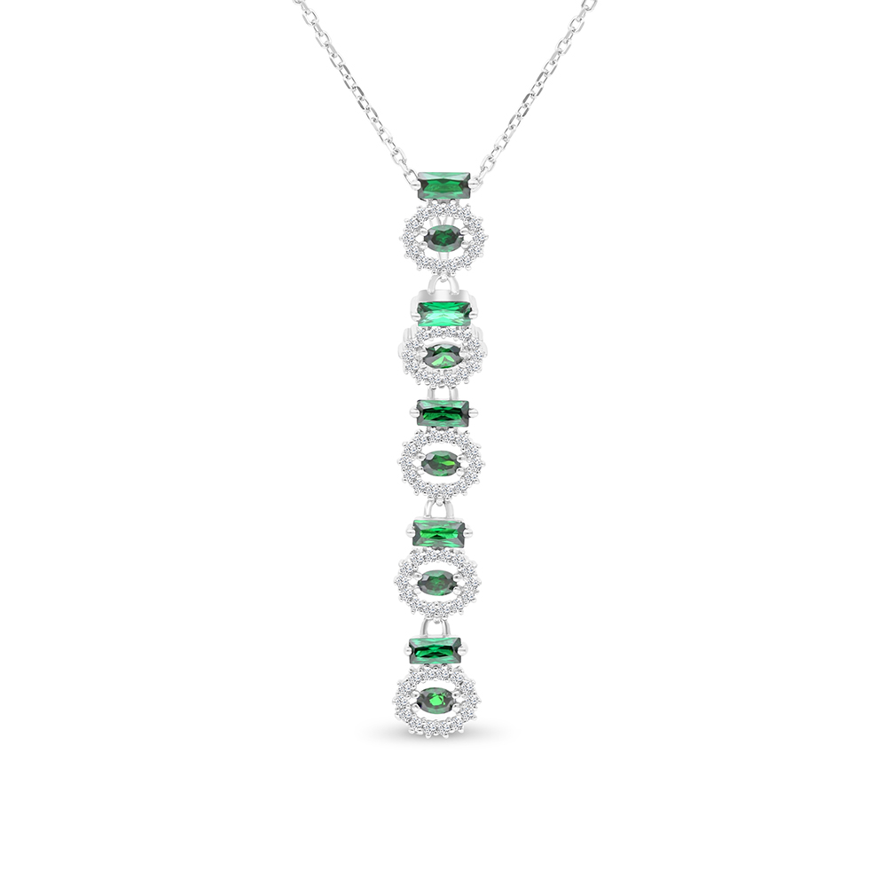 Sterling Silver 925 Necklace Rhodium Plated Embedded With Emerald Zircon And White CZ