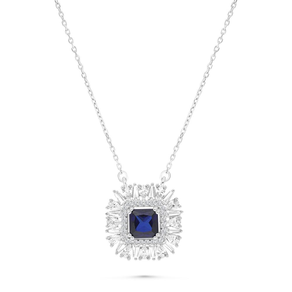 Sterling Silver 925 Necklace Rhodium Plated Embedded With Sapphire Corundum And White CZ