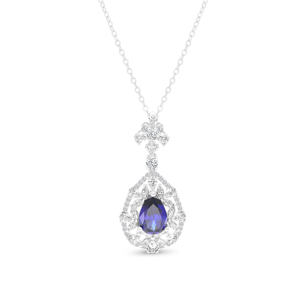 Sterling Silver 925 Necklace Rhodium Plated Embedded With Sapphire Corundum And White CZ