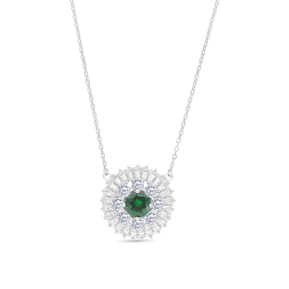 Sterling Silver 925 Necklace Rhodium Plated Embedded With Emerald Zircon And White CZ