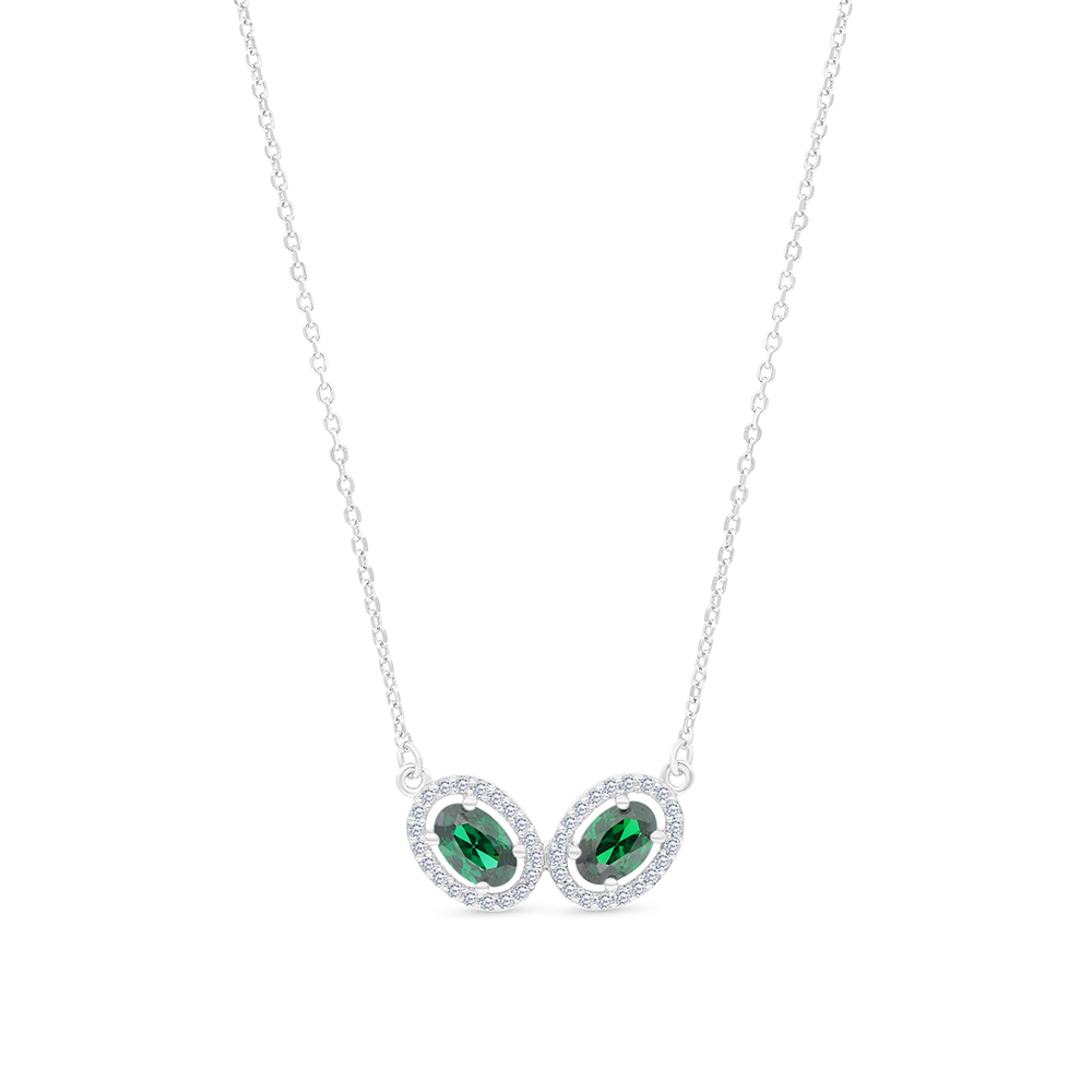 Sterling Silver 925 Necklace Rhodium Plated Embedded With Emerald Zircon And White CZ