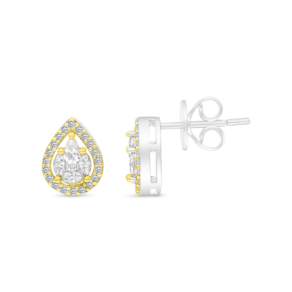 Sterling Silver 925 Earring Rhodium And Gold Plated Embedded With White CZ