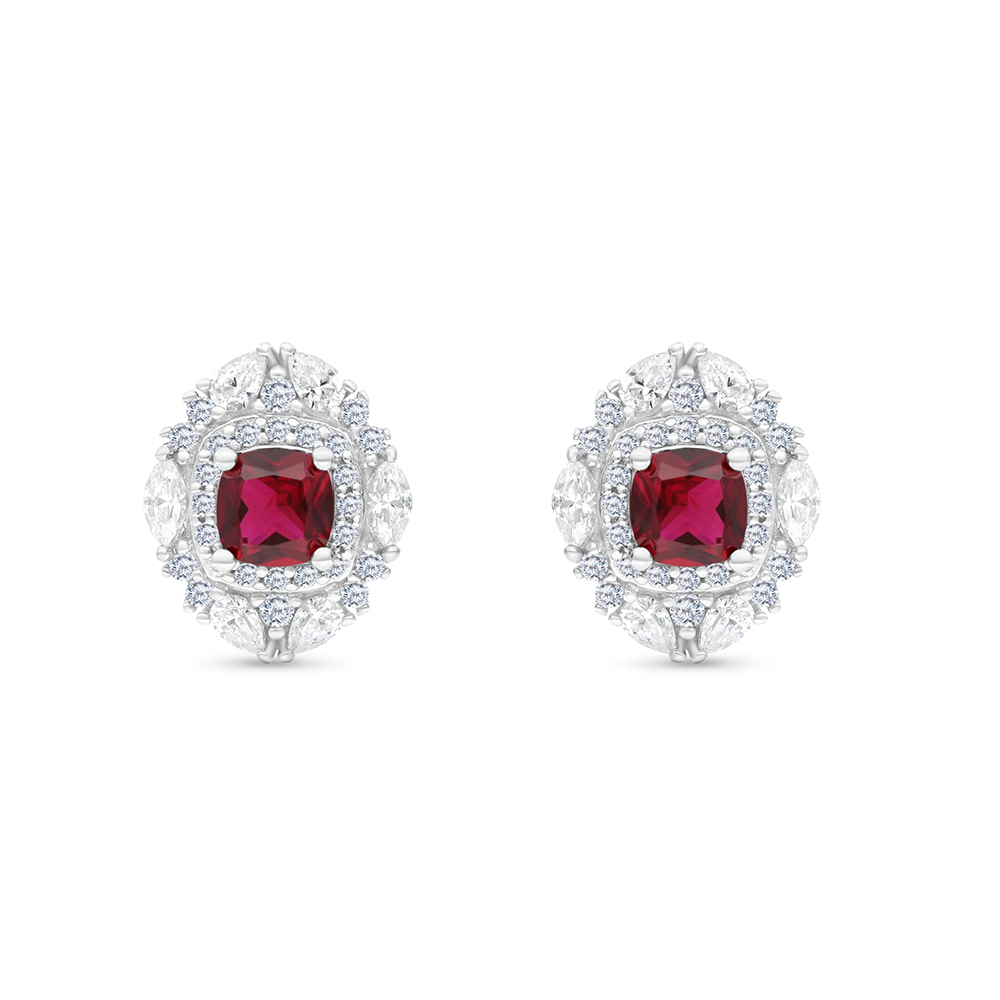 Sterling Silver 925 Earring Rhodium Plated Embedded With Ruby Corundum And White CZ