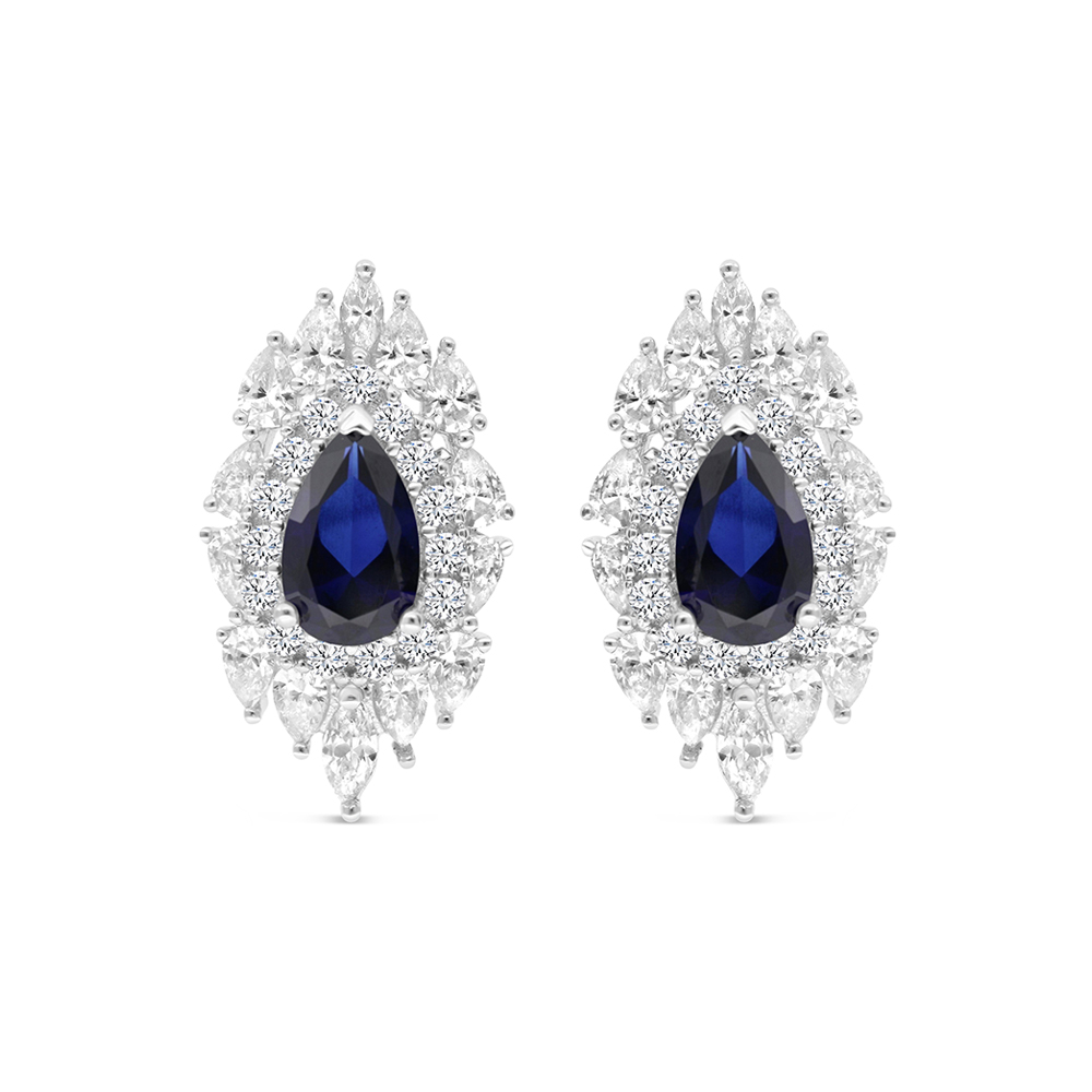 Sterling Silver 925 Earring Rhodium Plated Embedded With Sapphire Corundum And White CZ