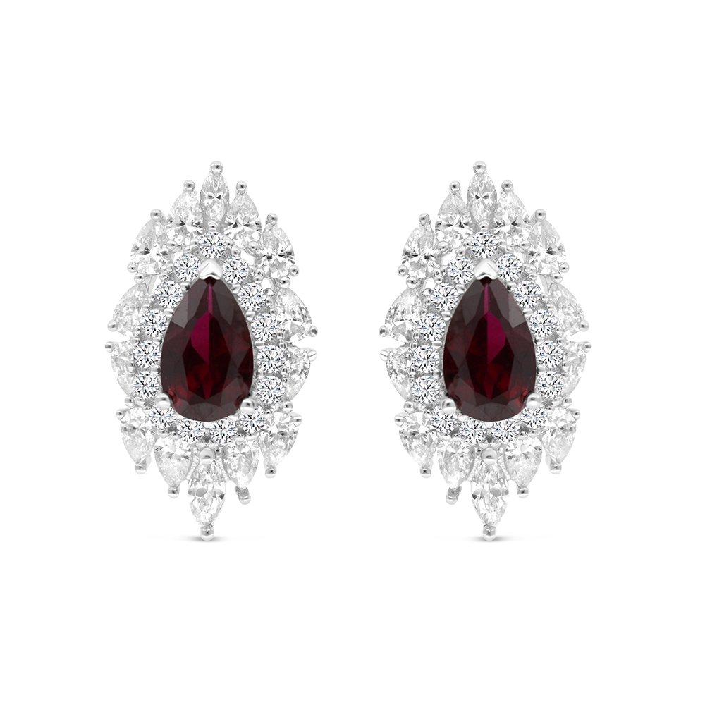 Sterling Silver 925 Earring Rhodium Plated Embedded With Ruby Corundum And White CZ