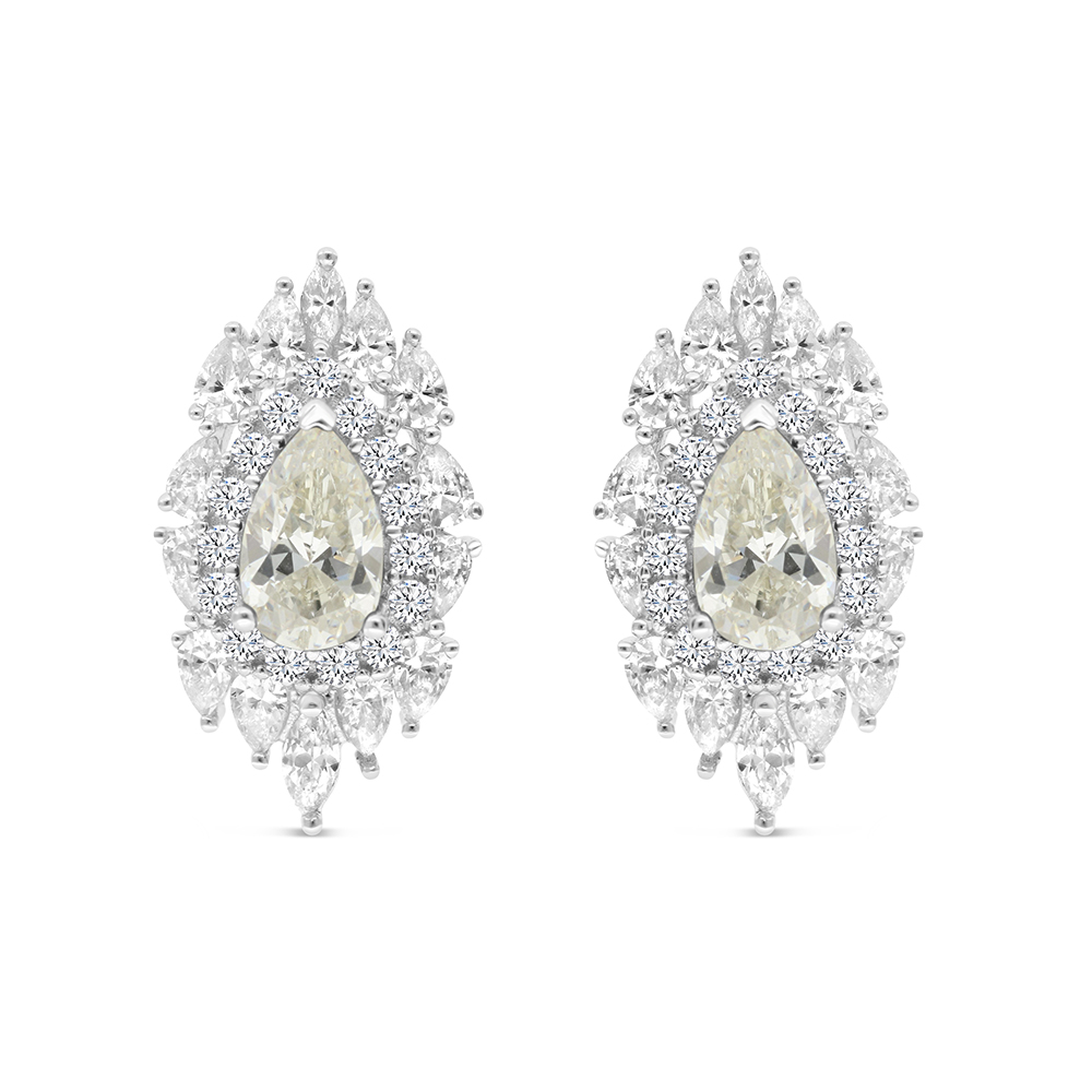 Sterling Silver 925 Earring Rhodium Plated Embedded With Yellow Zircon And White CZ