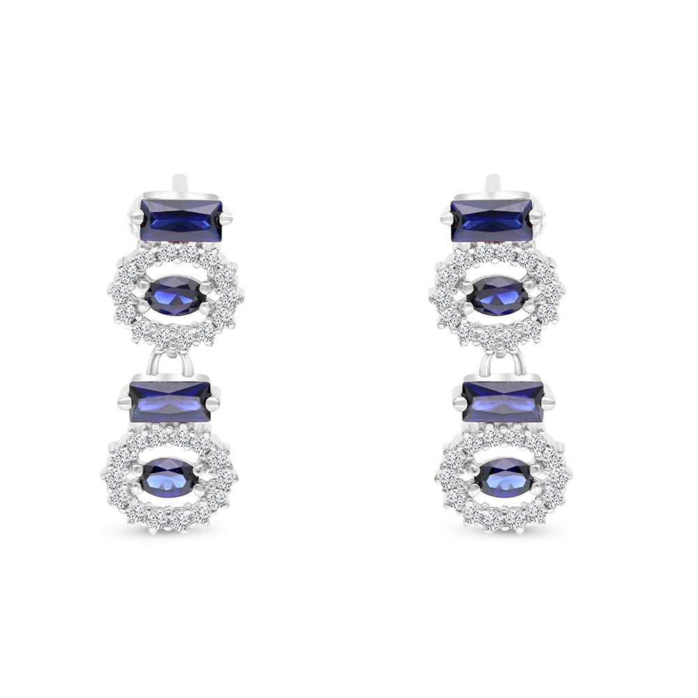 Sterling Silver 925 Earring Rhodium Plated Embedded With Sapphire Corundum And White CZ