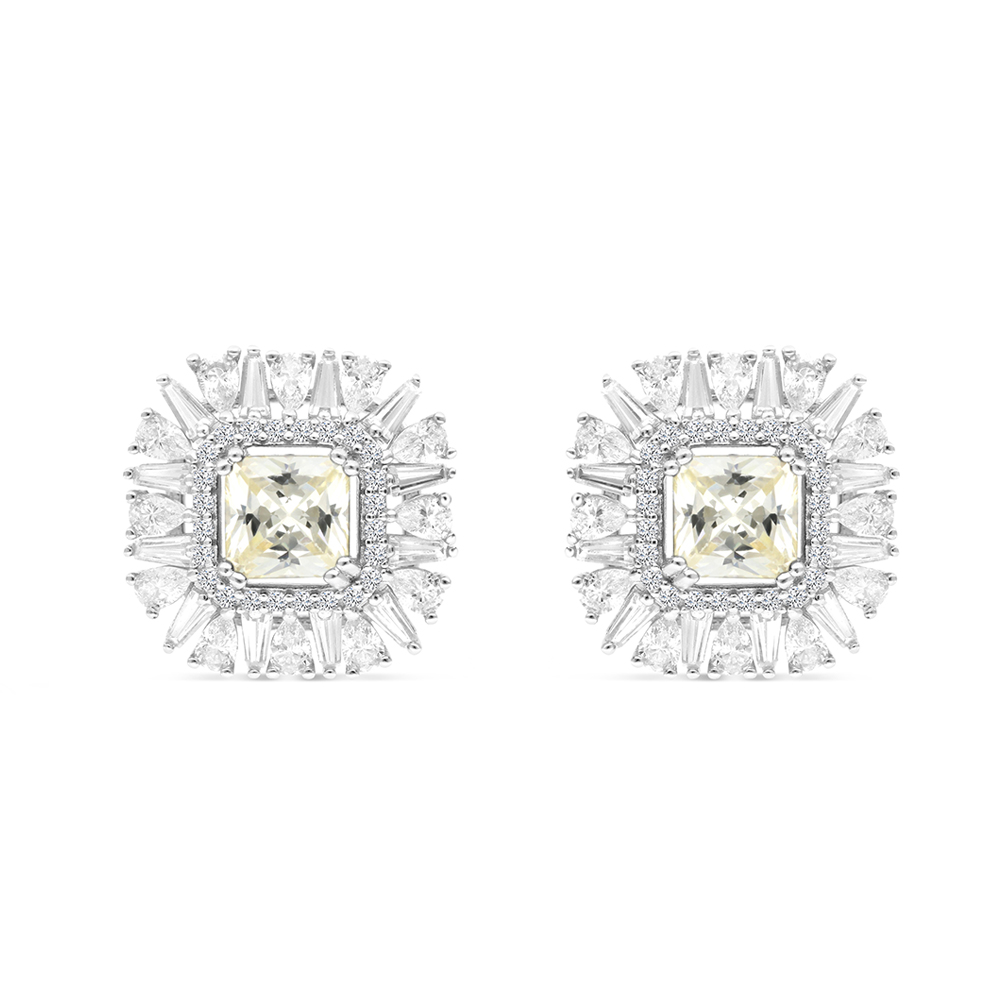 Sterling Silver 925 Earring Rhodium Plated Embedded With Yellow Zircon And White CZ