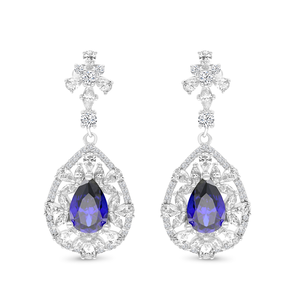 Sterling Silver 925 Earring Rhodium Plated Embedded With Sapphire Corundum And White CZ