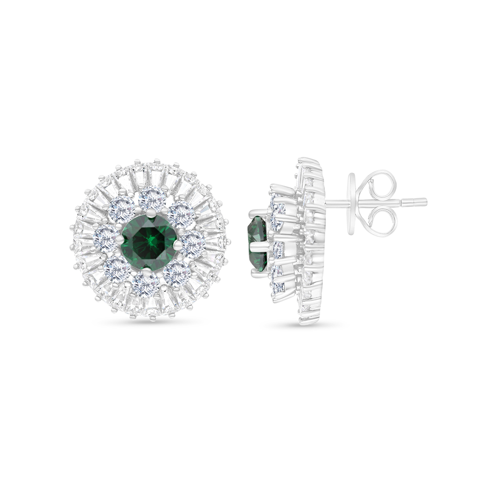 Sterling Silver 925 Earring Rhodium Plated Embedded With Emerald Zircon And White CZ