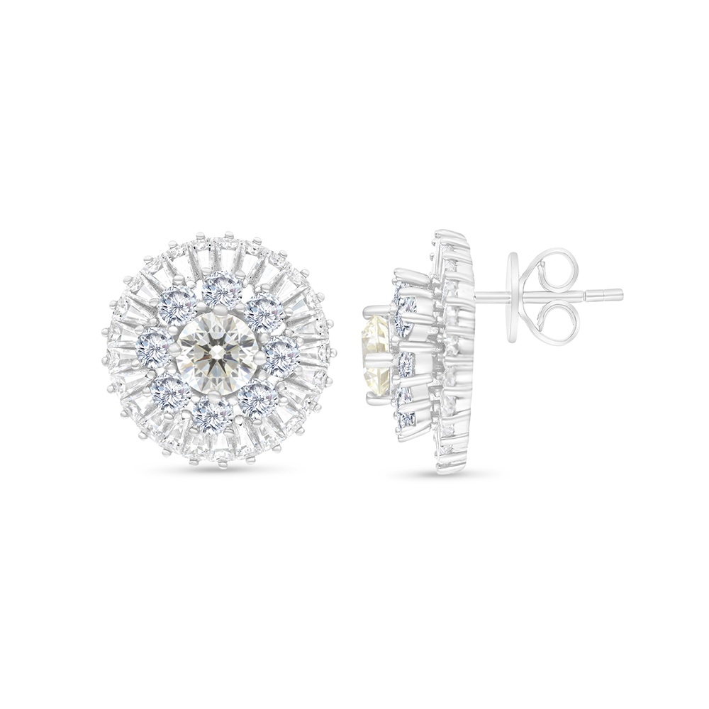 Sterling Silver 925 Earring Rhodium Plated Embedded With Yellow Zircon And White CZ