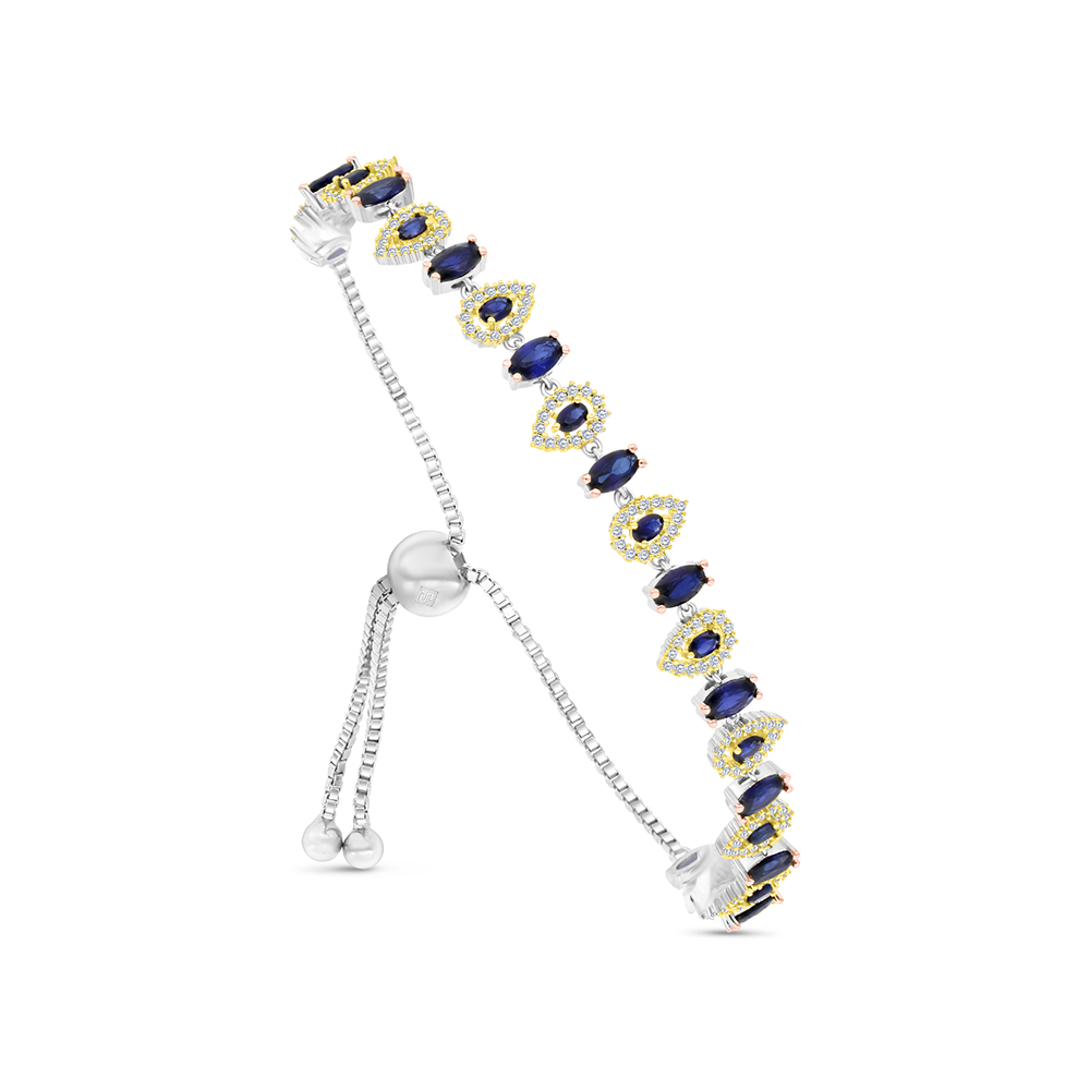 Sterling Silver 925 Bracelet Rhodium And Gold And Rose Gold Plated Embedded With Sapphire CorundumAnd White CZ