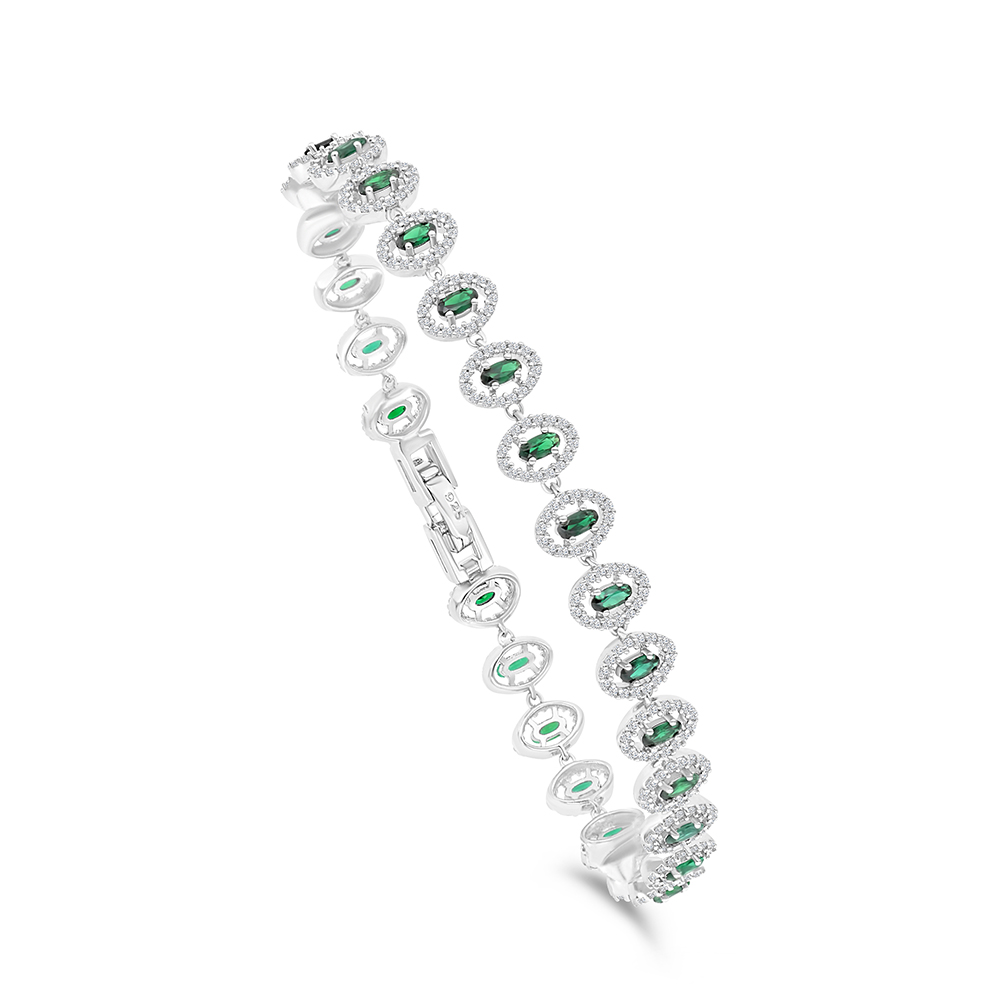 Sterling Silver 925 Bracelet Rhodium Plated Embedded With Emerald Zircon And White CZ