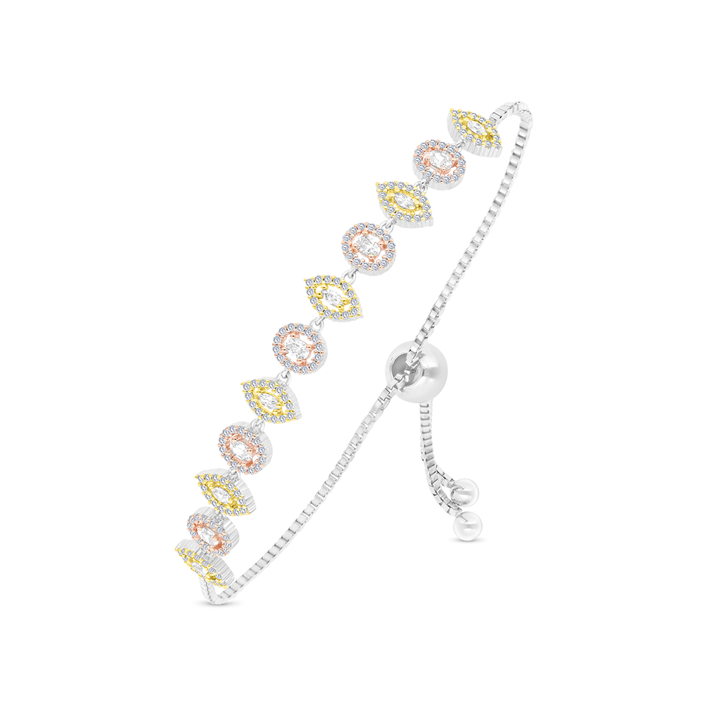 Sterling Silver 925 Bracelet Rhodium And Gold And Rose Gold Plated Embedded With White CZ