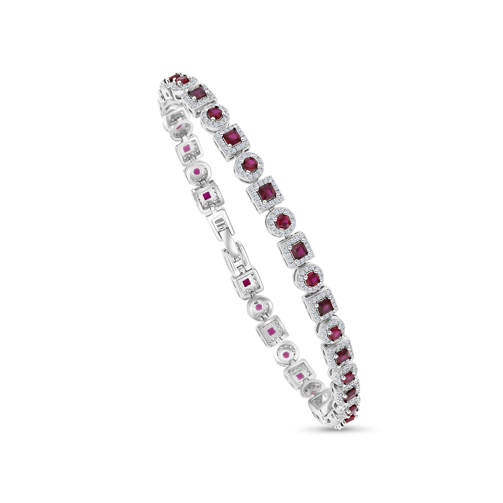 Sterling Silver 925 Bracelet Rhodium Plated Embedded With Ruby Corundum And White CZ