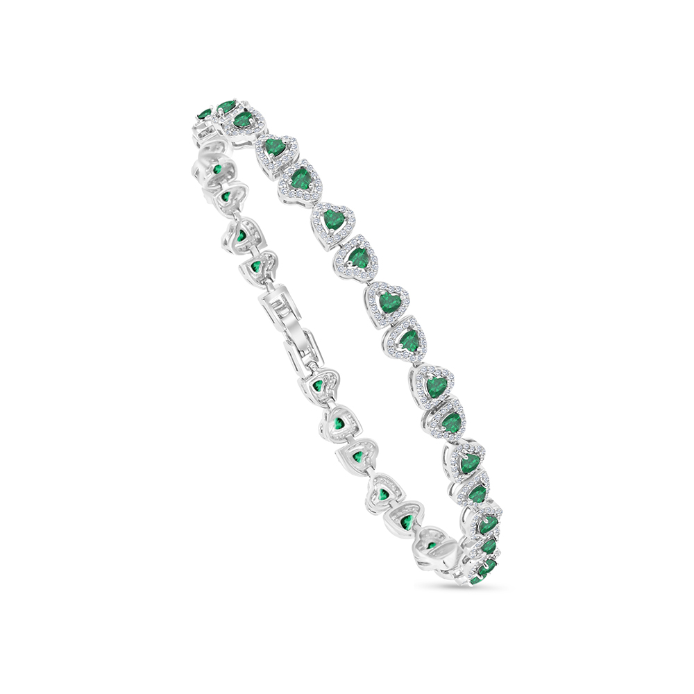 Sterling Silver 925 Bracelet Rhodium Plated Embedded With Emerald Zircon And White CZ