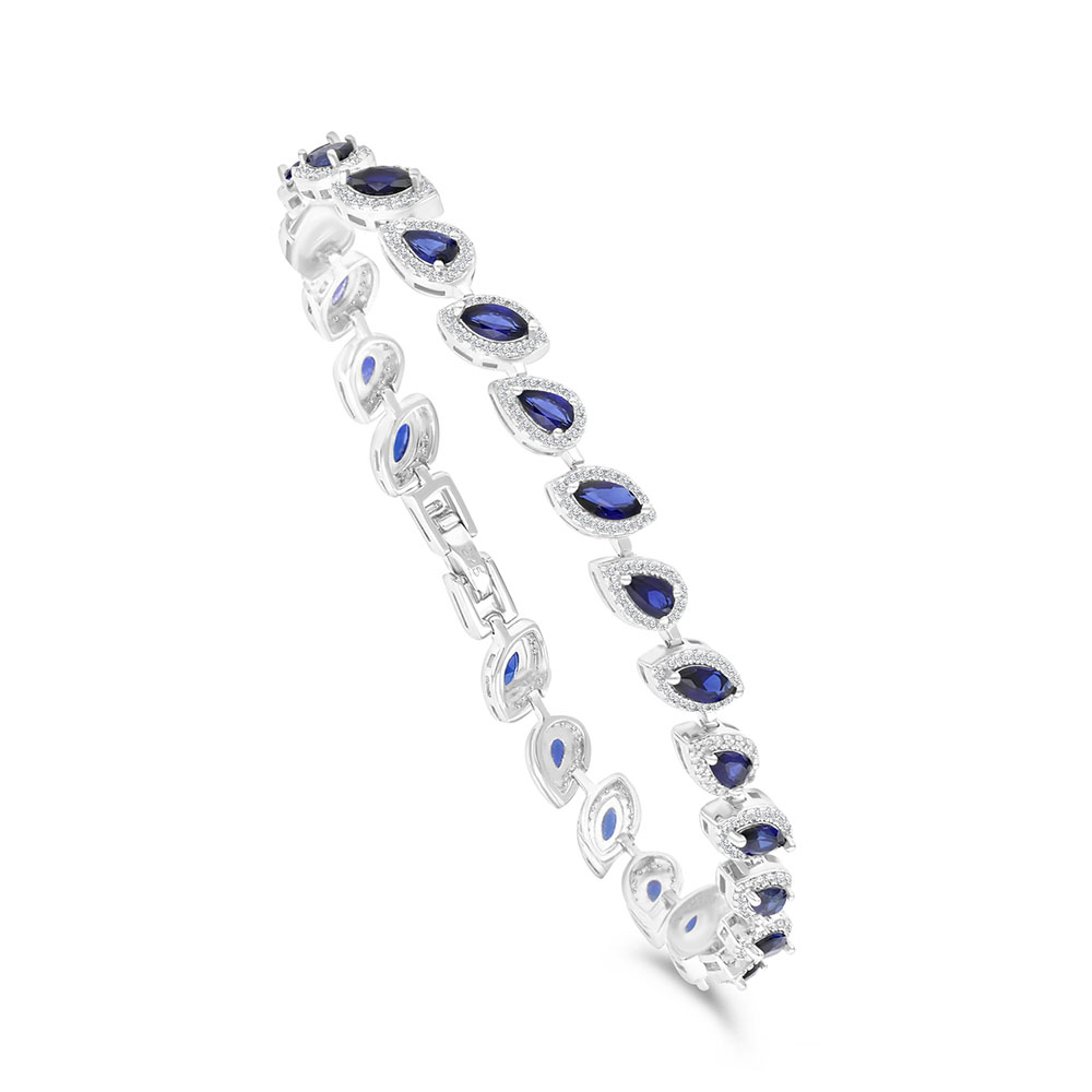 Sterling Silver 925 Bracelet Rhodium Plated Embedded With Sapphire Corundum And White CZ