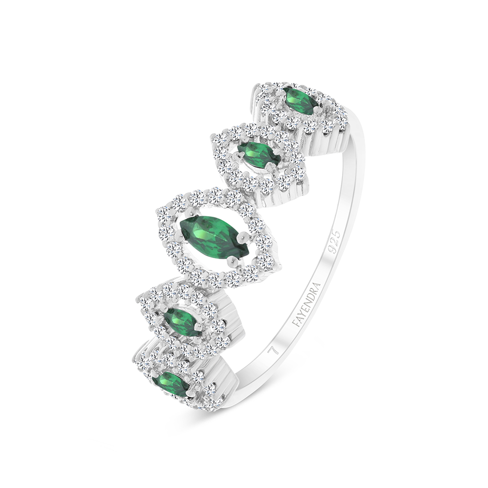 Sterling Silver 925 Ring Rhodium Plated Embedded With Emerald Zircon And White CZ