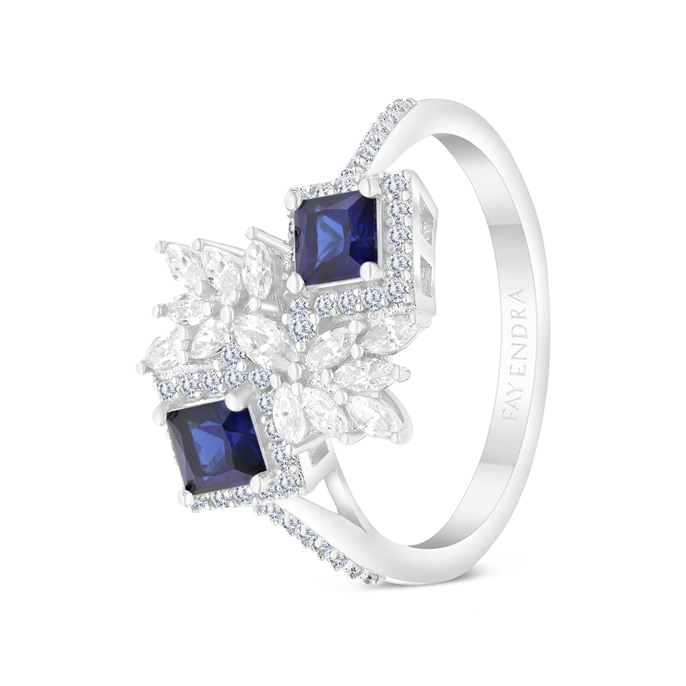 Sterling Silver 925 Ring Rhodium Plated Embedded With Sapphire CorundumAnd White CZ