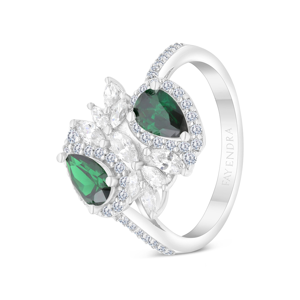 Sterling Silver 925 Ring Rhodium Plated Embedded With Emerald Zircon And White CZ