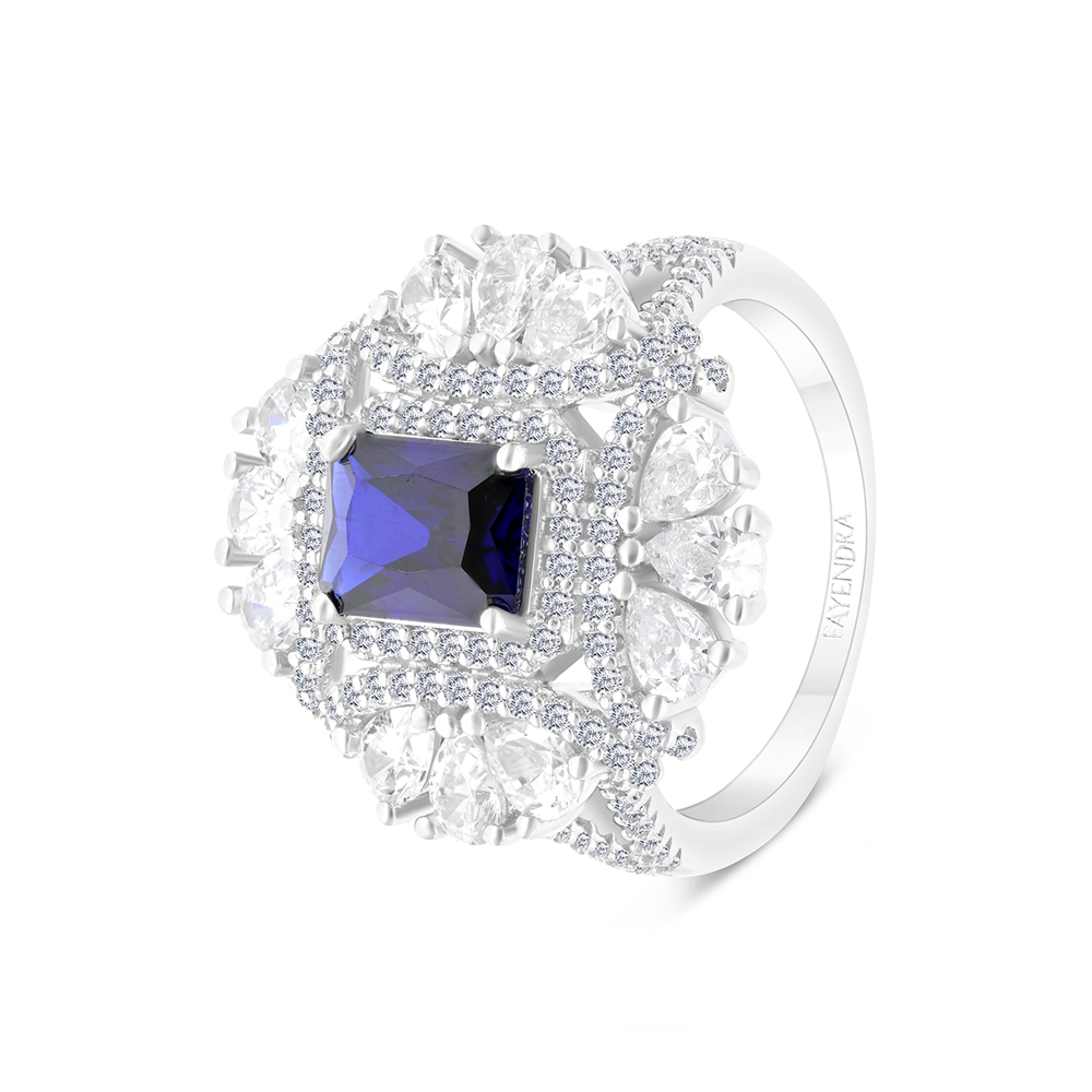 Sterling Silver 925 Ring Rhodium Plated Embedded With Sapphire CorundumAnd White CZ