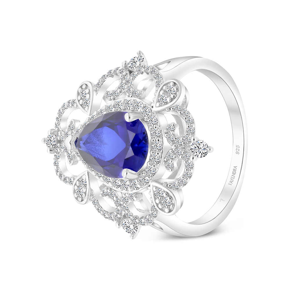 Sterling Silver 925 Ring Rhodium Plated Embedded With Sapphire CorundumAnd White CZ