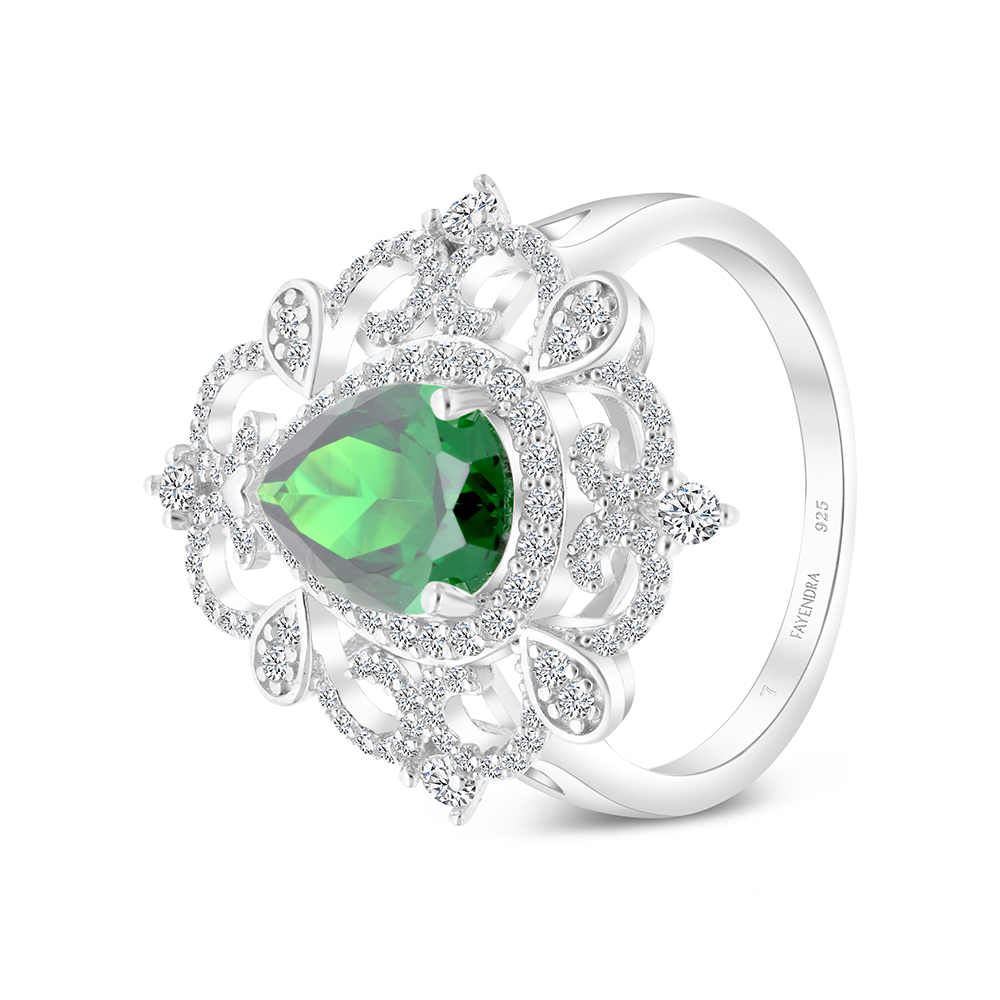 Sterling Silver 925 Ring Rhodium Plated Embedded With Emerald Zircon And White CZ