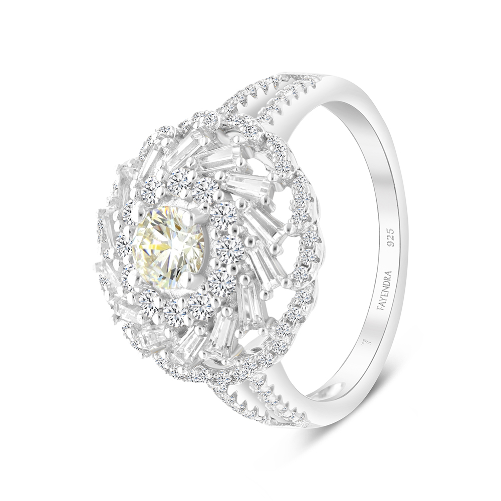 Sterling Silver 925 Ring Rhodium Plated Embedded With Yellow Zircon And White CZ