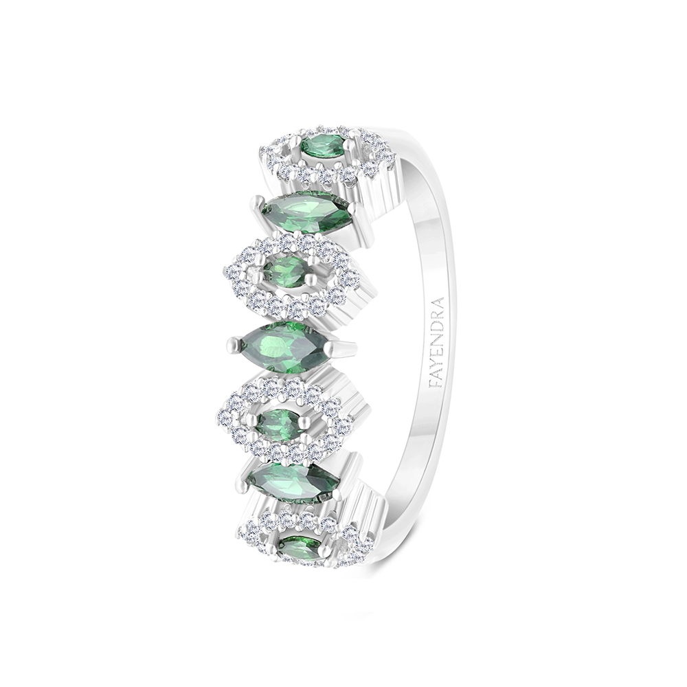 Sterling Silver 925 Ring Rhodium Plated Embedded With Emerald Zircon And White CZ