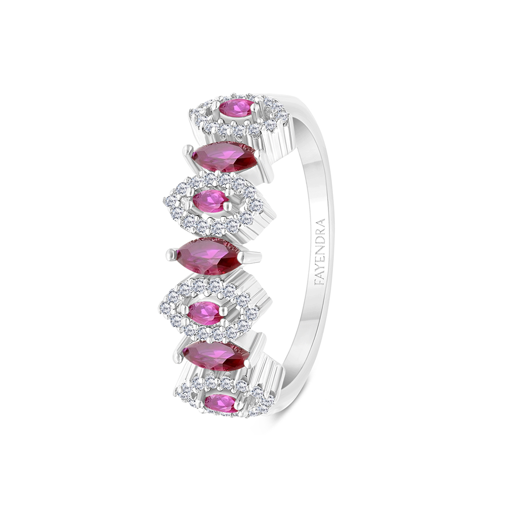 Sterling Silver 925 Ring Rhodium Plated Embedded With Ruby Corundum And White CZ