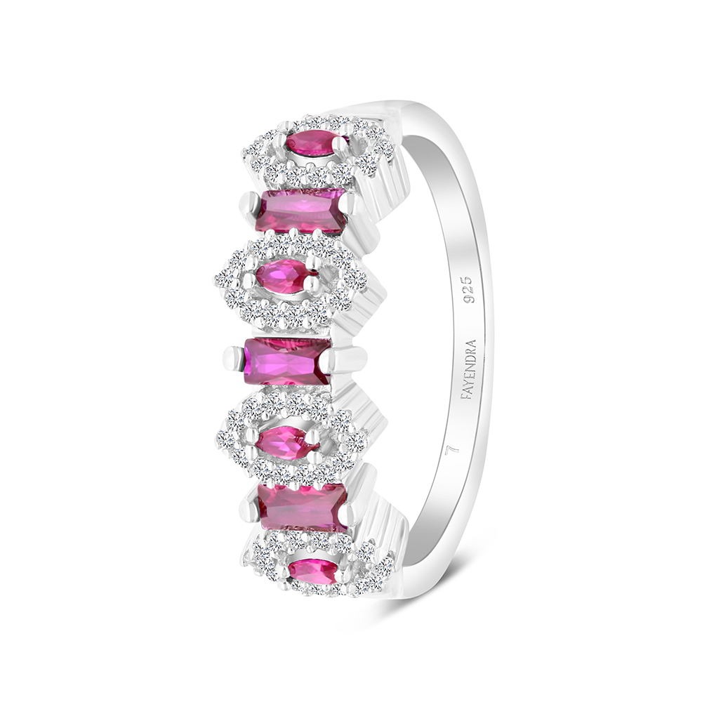 Sterling Silver 925 Ring Rhodium Plated Embedded With Ruby Corundum And White CZ