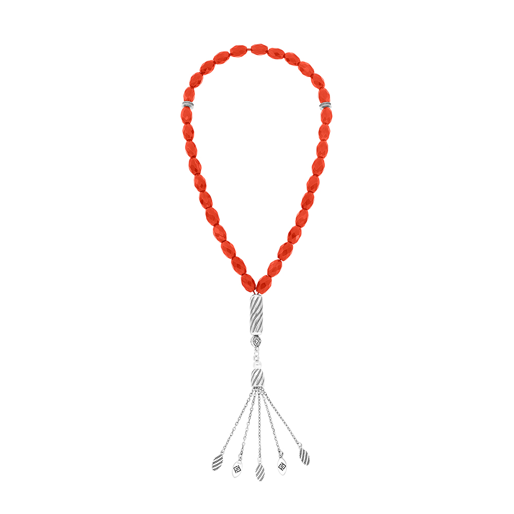 Rosary 33 Sterling Silver 925 Set Oxidized Decorated Embedded With Liver Red Agate Olive Cat 12*08 ML LOGO