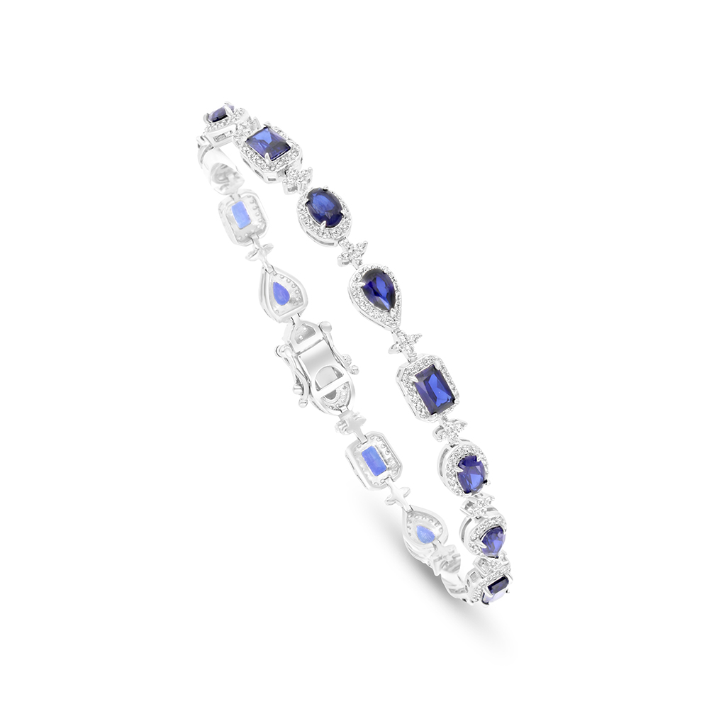 Sterling Silver 925 Bracelet Rhodium Plated Embedded With Sapphire Corundum And White CZ