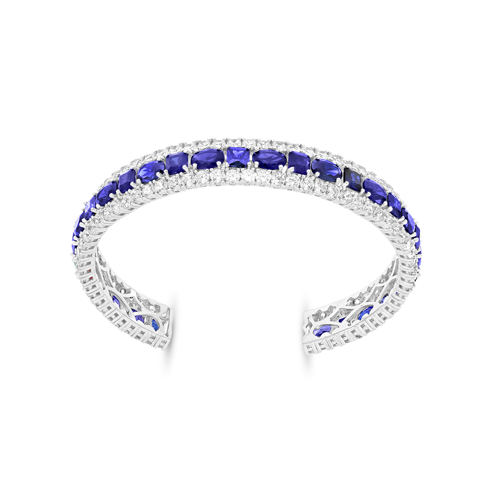 Sterling Silver 925 Bangle Rhodium Plated Embedded With Sapphire Corundum And White CZ