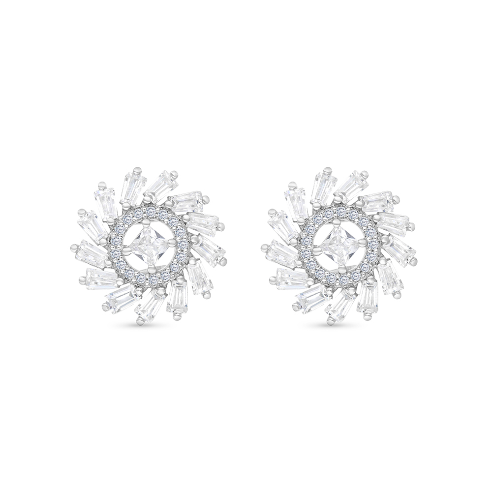 Sterling Silver 925 Earring Rhodium Plated Embedded With White CZ