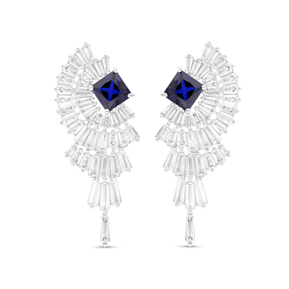 Sterling Silver 925 Earring Rhodium Plated Embedded With Sapphire Corundum And White CZ