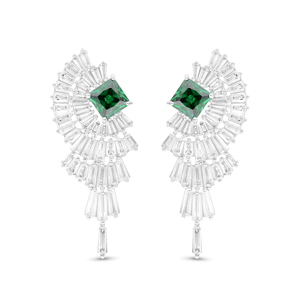 Sterling Silver 925 Earring Rhodium Plated Embedded With Emerald Zircon And White CZ