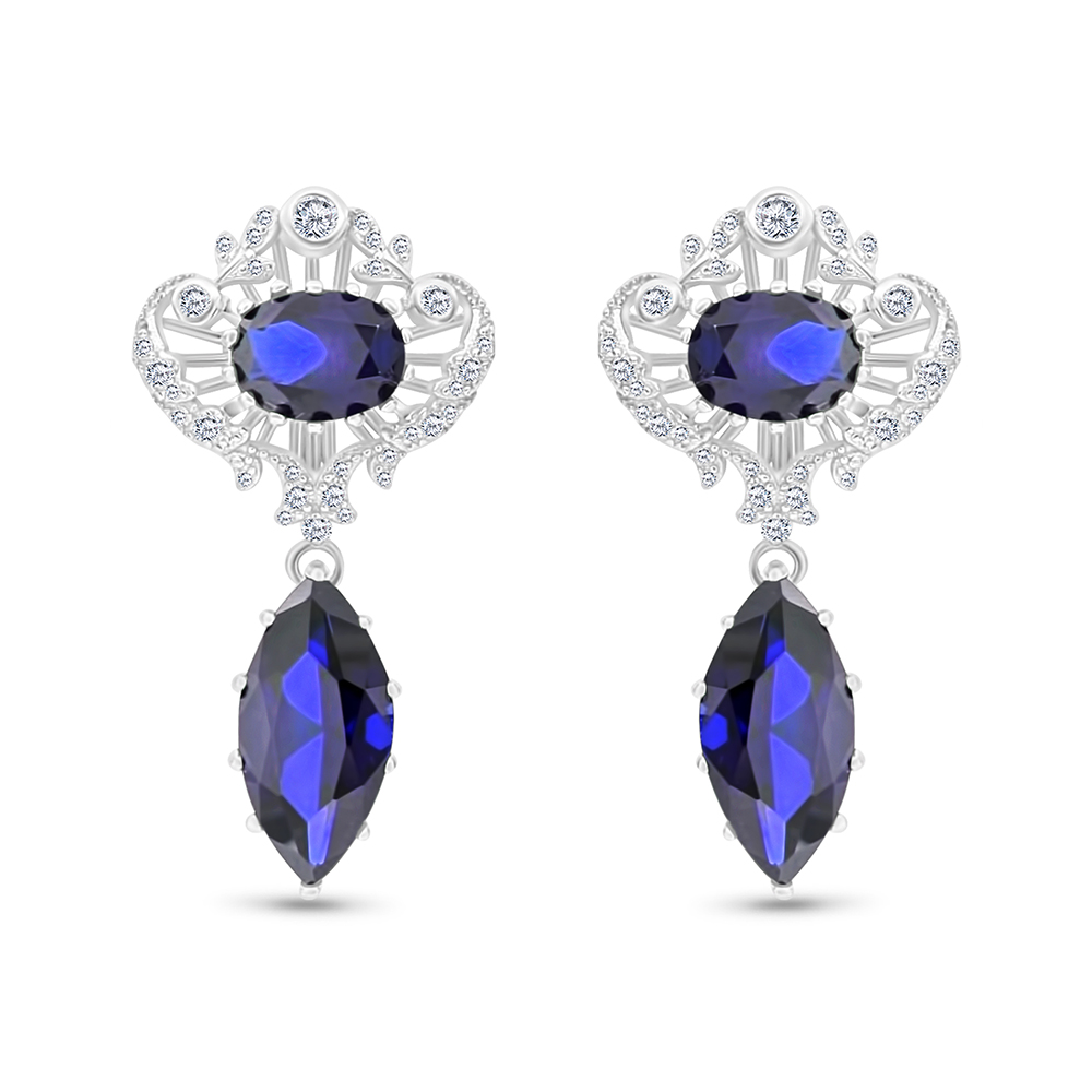 Sterling Silver 925 Earring Rhodium Plated Embedded With Sapphire Corundum And White CZ