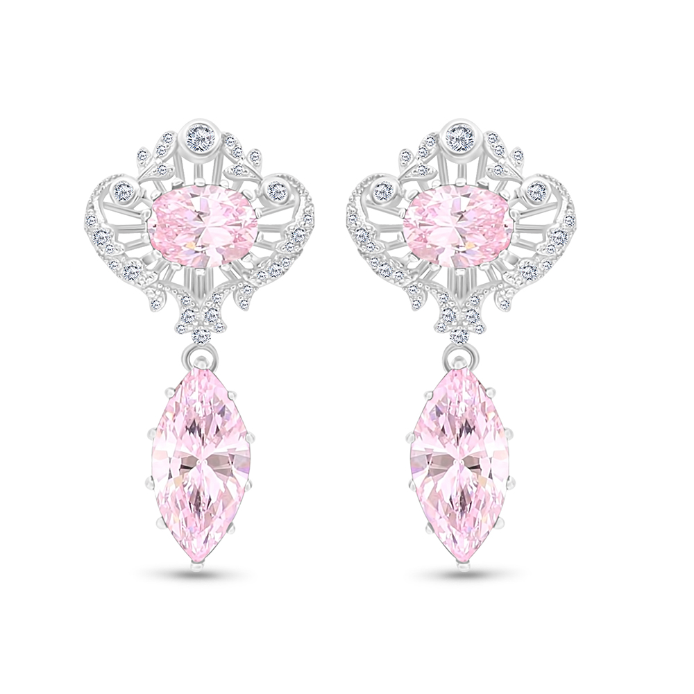 Sterling Silver 925 Earring Rhodium Plated Embedded With Pink Zircon And White CZ