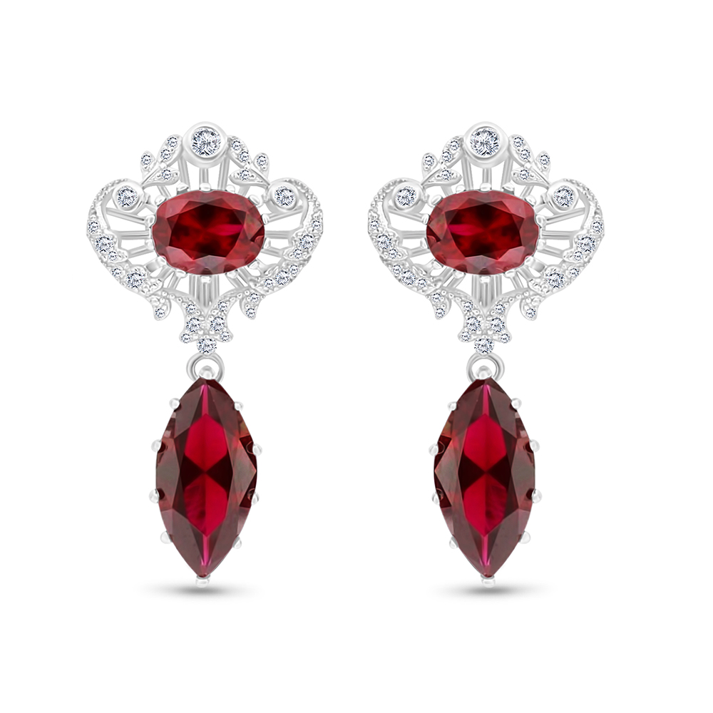 Sterling Silver 925 Earring Rhodium Plated Embedded With Ruby Corundum And White CZ