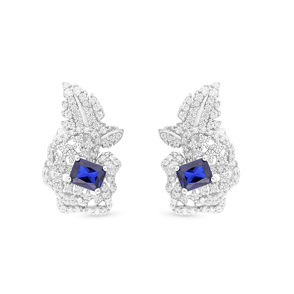 Sterling Silver 925 Earring Rhodium Plated Embedded With Sapphire Corundum And White CZ