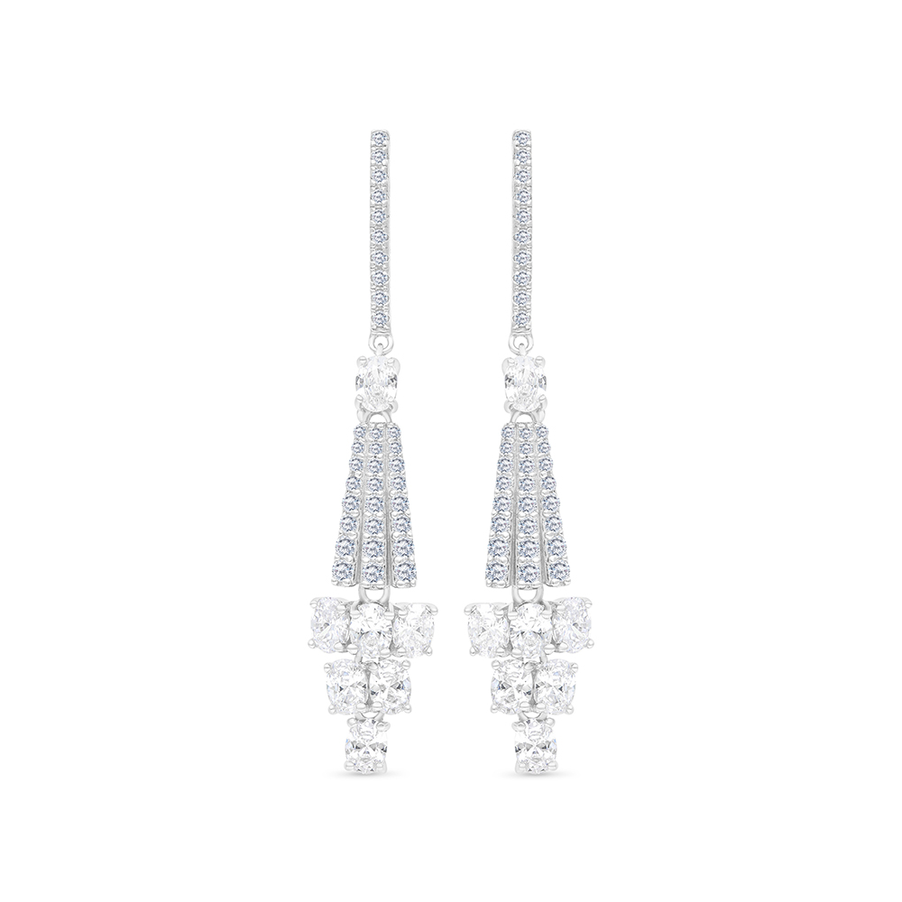 Sterling Silver 925 Earring Rhodium Plated Embedded With White CZ