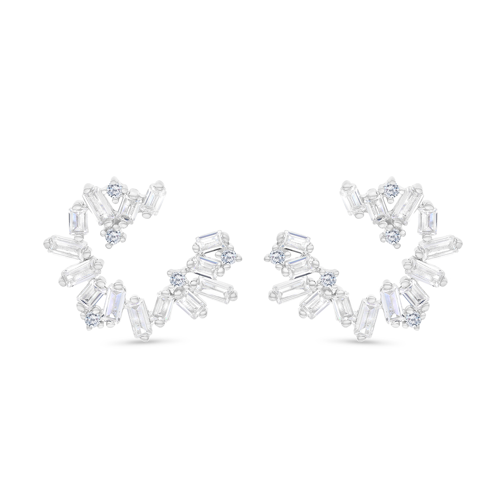 Sterling Silver 925 Earring Rhodium Plated Embedded With White CZ