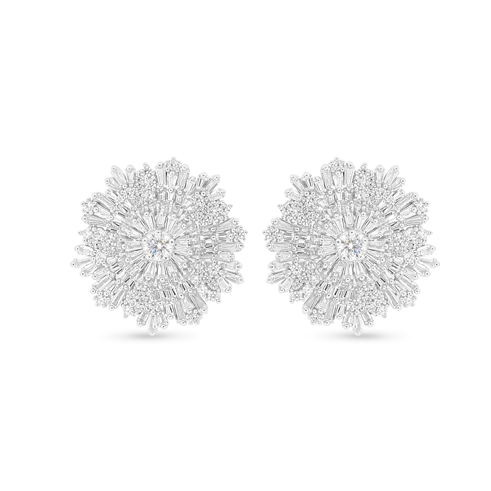 Sterling Silver 925 Earring Rhodium Plated Embedded With White CZ